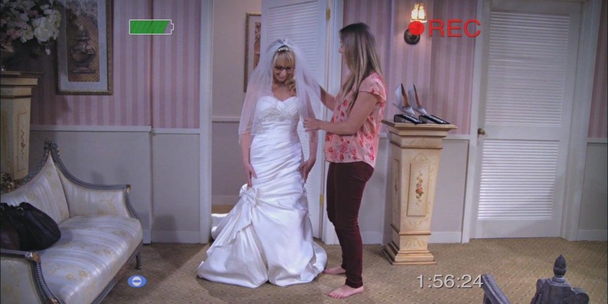 Amy's footage of Bernadette trying on a wedding dress with penny next to her in TBBT