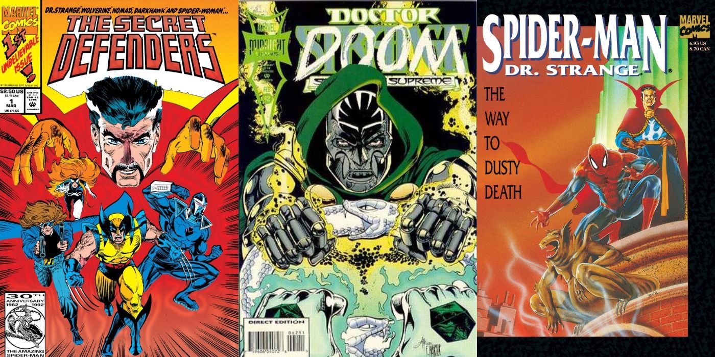 Split image of comic book covers of Secret Defenders 1, Doctor Strange Sorcerer Supreme 62, and Spider-Man/Doctor Strange Dusty Death.