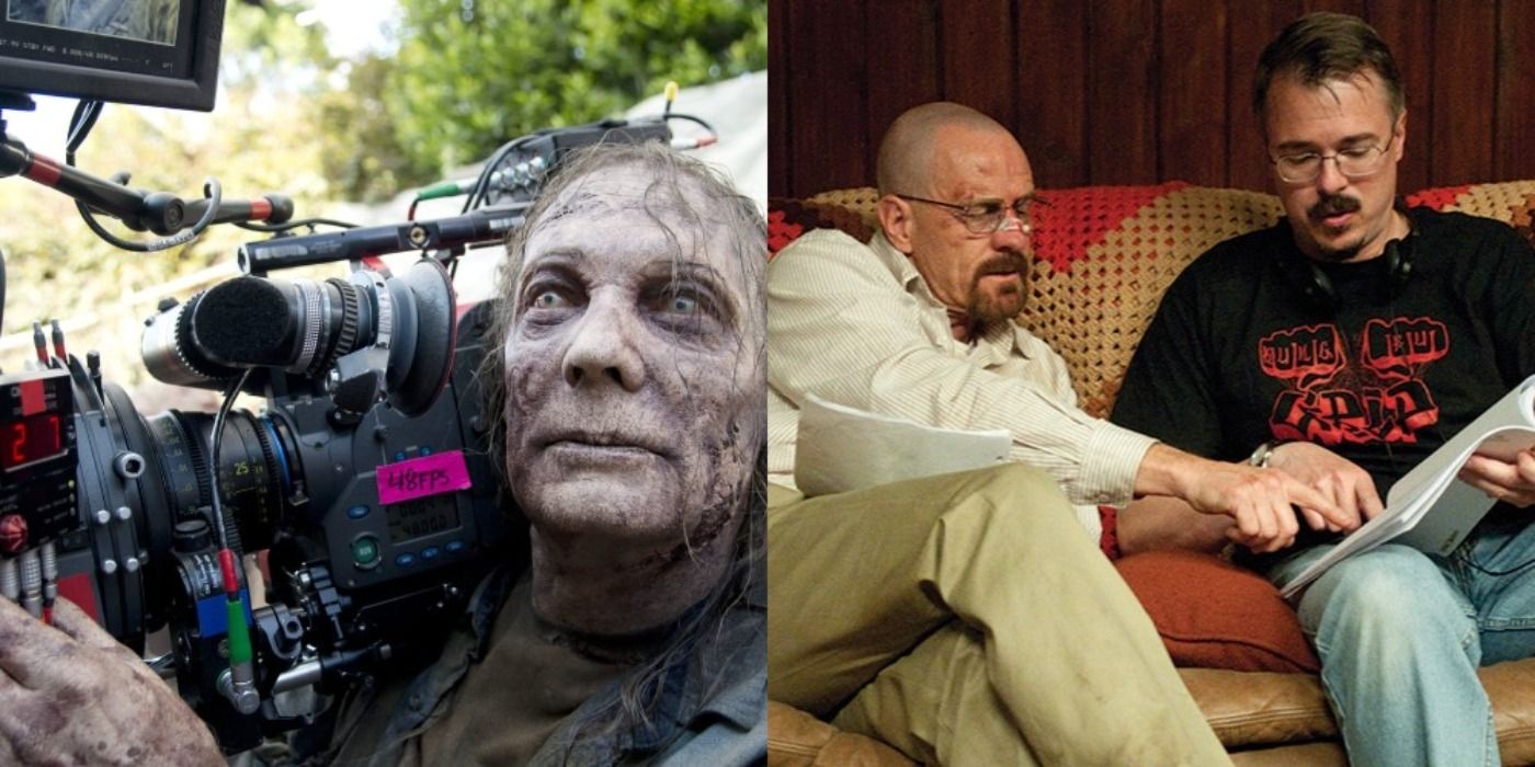 Split image showing behind the scenes footage of The Walking Dead and Breaking Bad