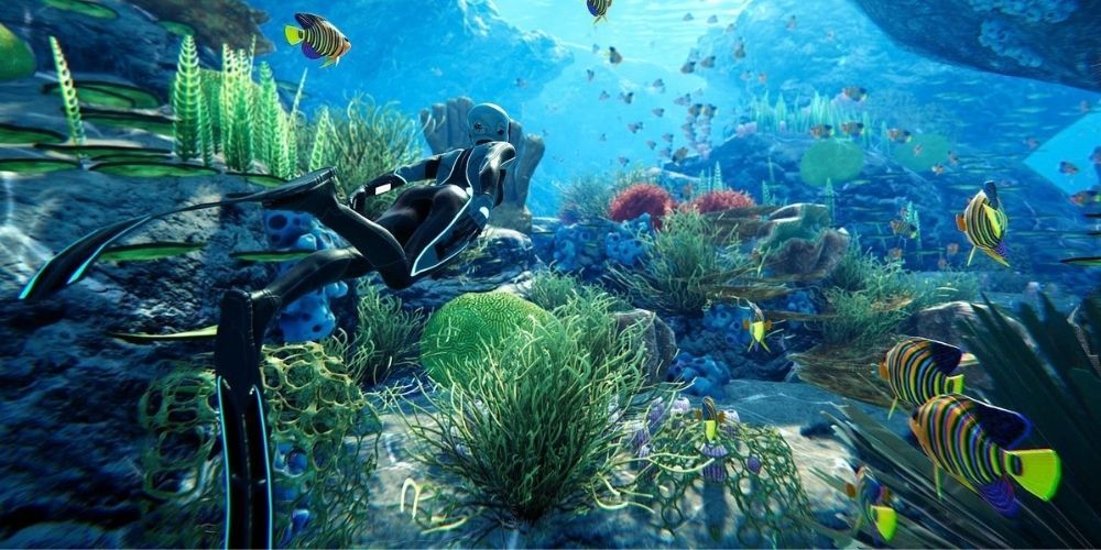 A diver explores a coral reef in Beyond Blue