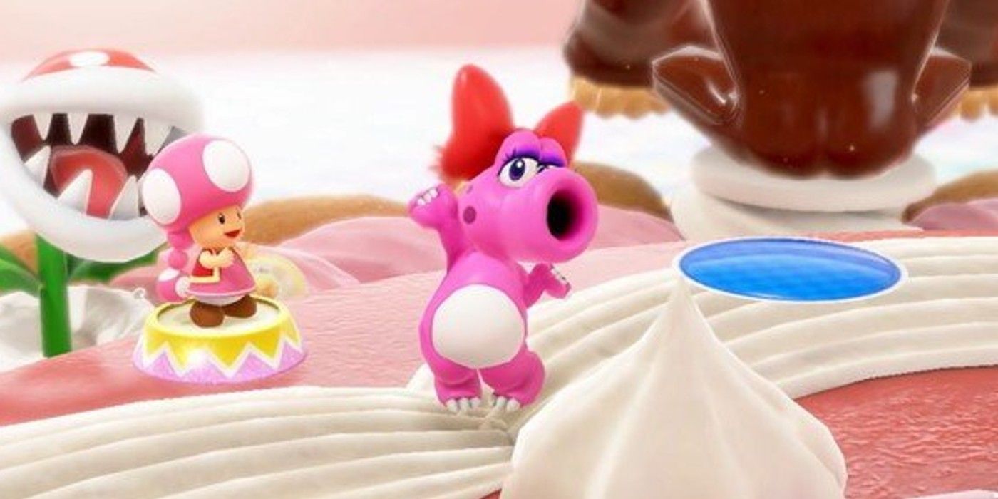 Birdo jumps up on the board in Mario Party Superstars