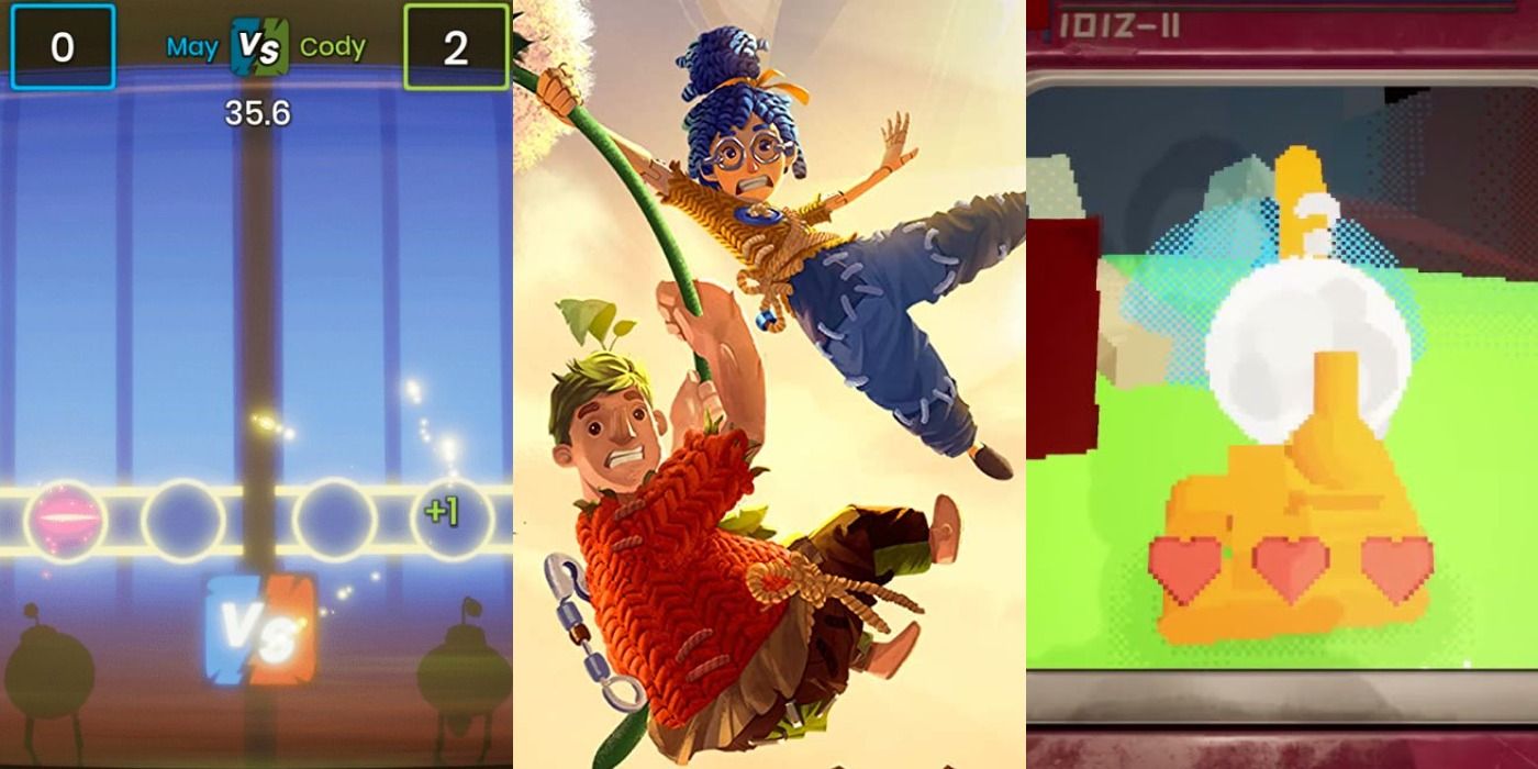 Three images showing the Birdstar minigame, May and Cody holding a dandelion stem, and the Tank Brothers minigame in It Takes Two.