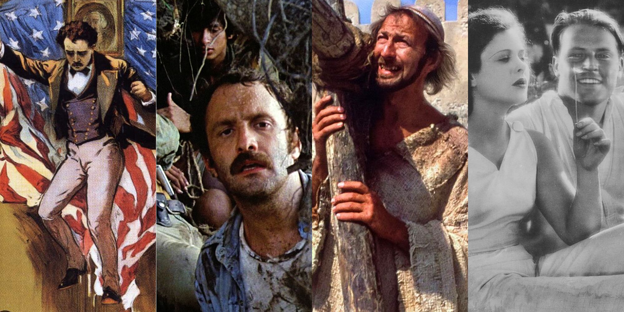 Split image: Scenes from Birth of a Nation, Cannibal Holocaust, Life of Brian, and Ecstacy.