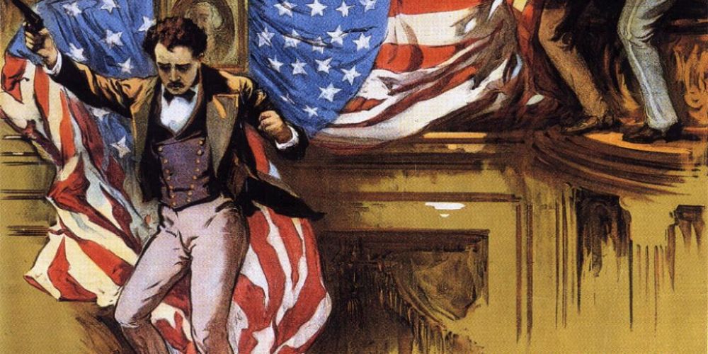 John Wilkes Booth leaps from the balcony after assassinating Lincoln in poster art for The Birth of a Nation.