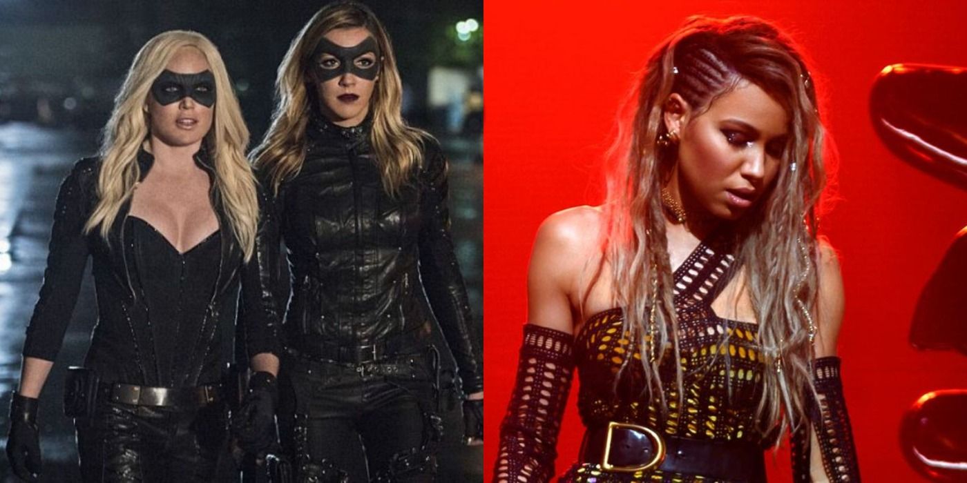 Split image of Sara and Laurel as Black Canary in Arrow, Dinah Lance in Birds of Prey