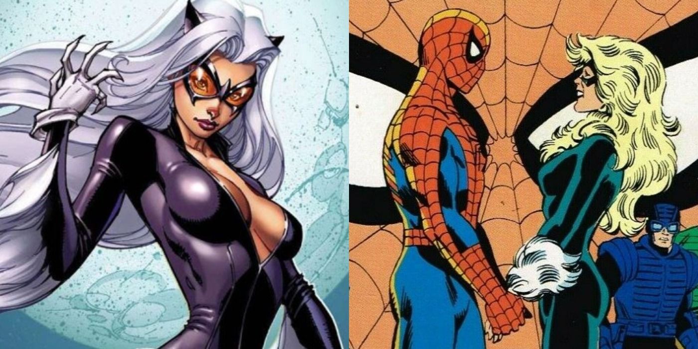 Split image: Ultimate Marvel's version of Black Cat flashes her claws, Spider-Man marries Black Cat in What If...?