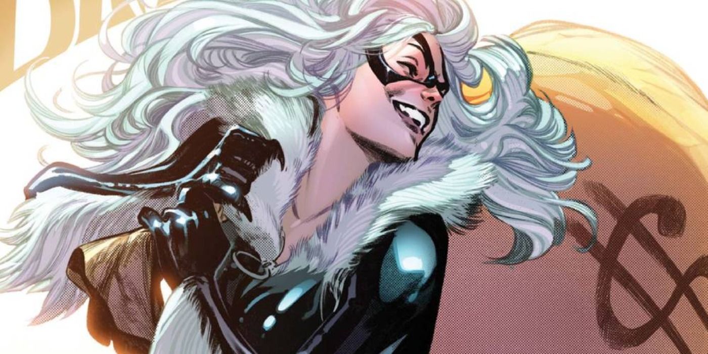 Black Cat laughing while holding a bag of money in Marvel Comics.