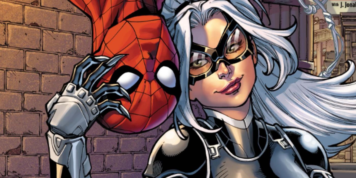 Black Cat and Spider-Man hug in Marvel Comics.
