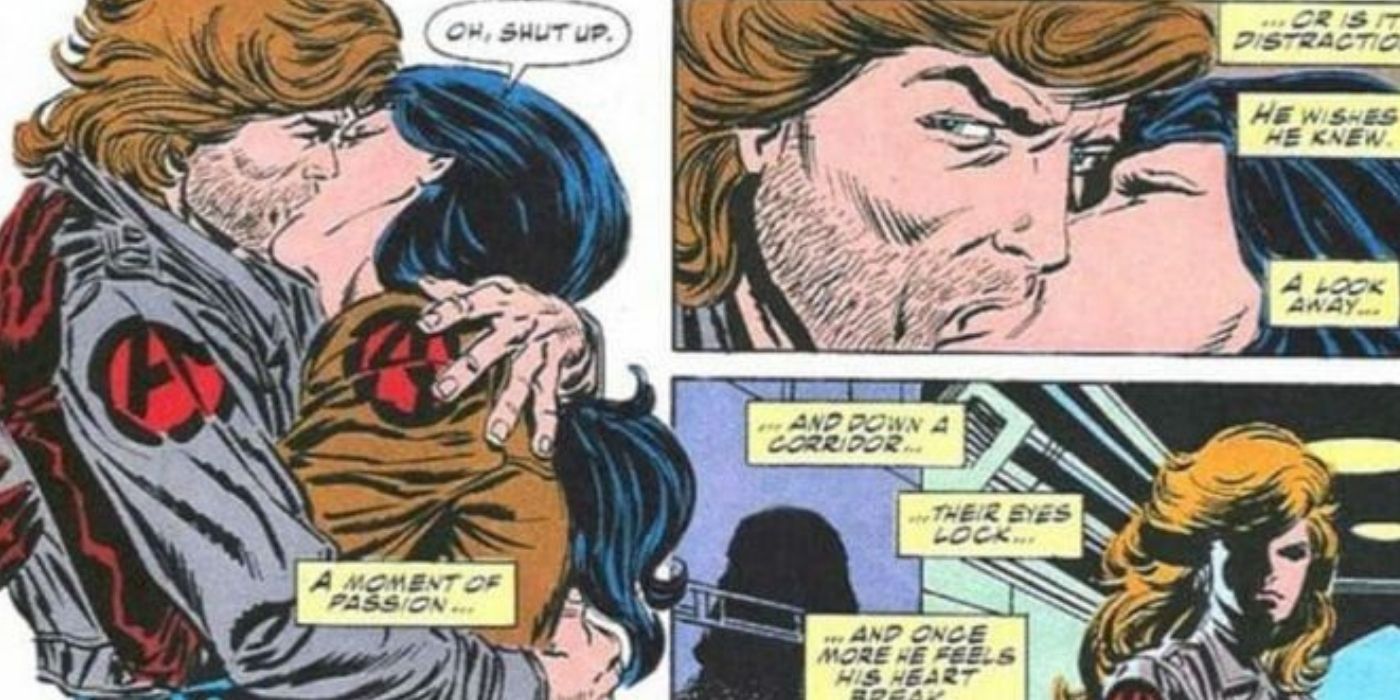 Black Knight kissing Sersi while looking at Crystal in the comics