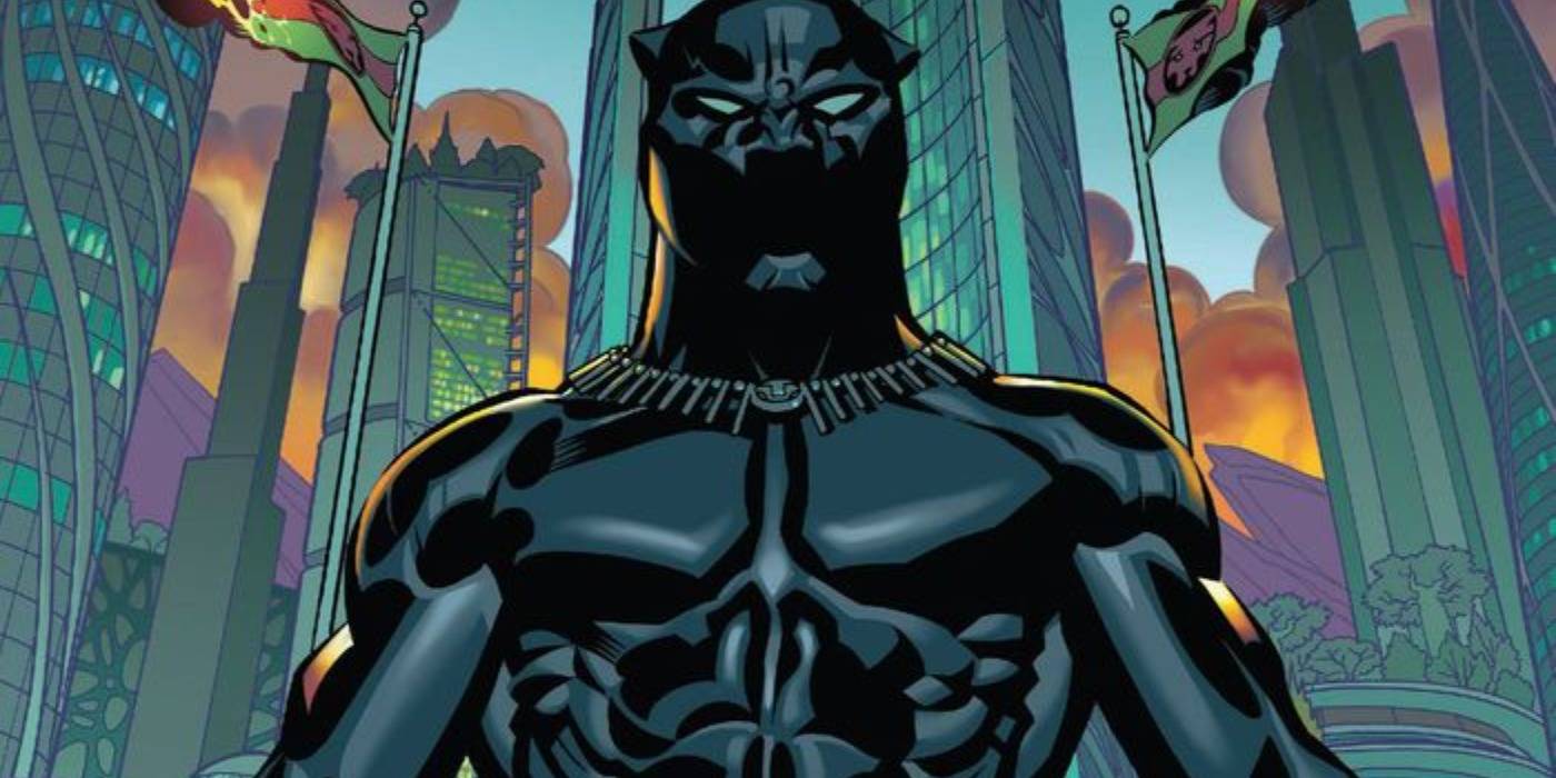 Pantera Negra em seu terno em frente a Wakanda na Marvel Comics.
