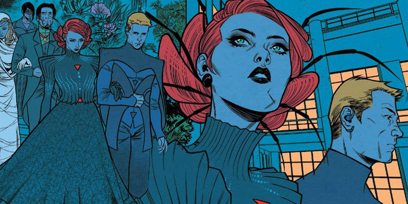 Black Widow and Hawkeye walk arm in arm in Marvel Comics.