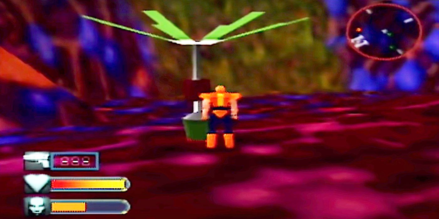 A screenshot from gameplay of the N64 game Body Harvester.
