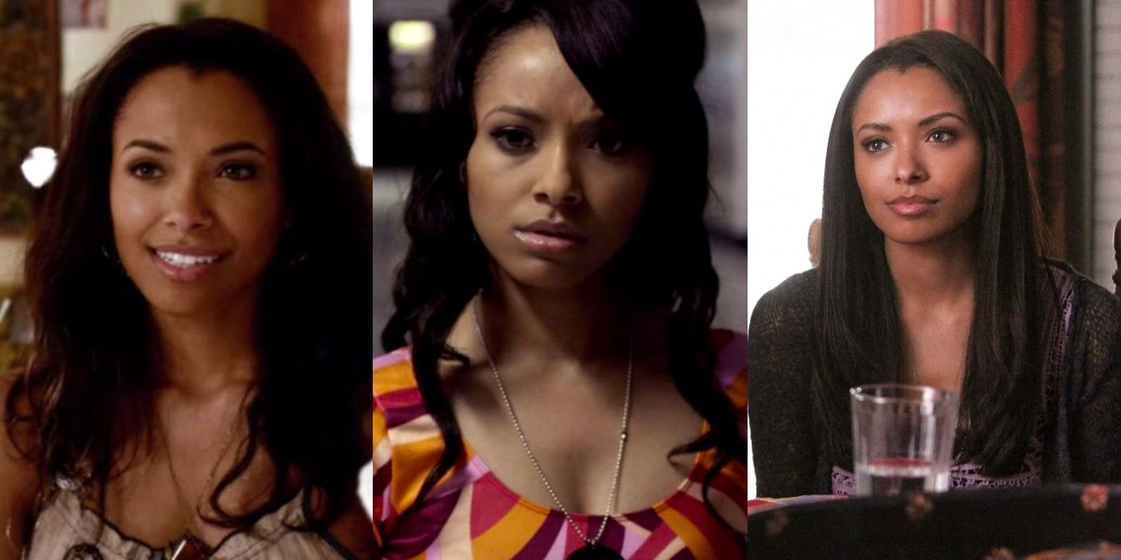 Split image of Bonnie doing a spell, in the school hallway, and sitting at the table in The Vampire Diaries.