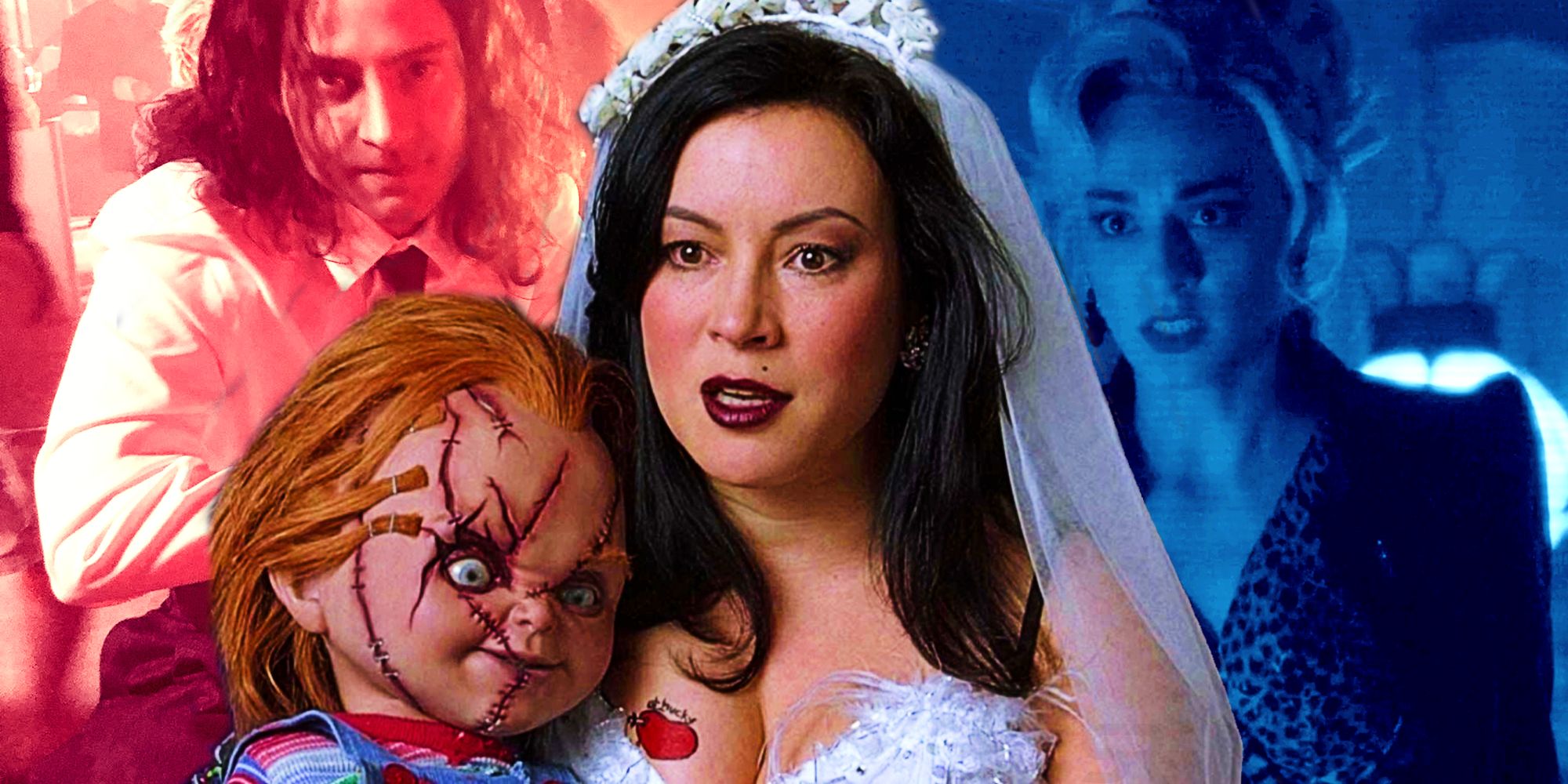 Brad Dourif as Chucky, Fiona Dourif as Young Charles, Jennifer Tilly as Tiffany, and Blaise Crocker as Young Tiffany
