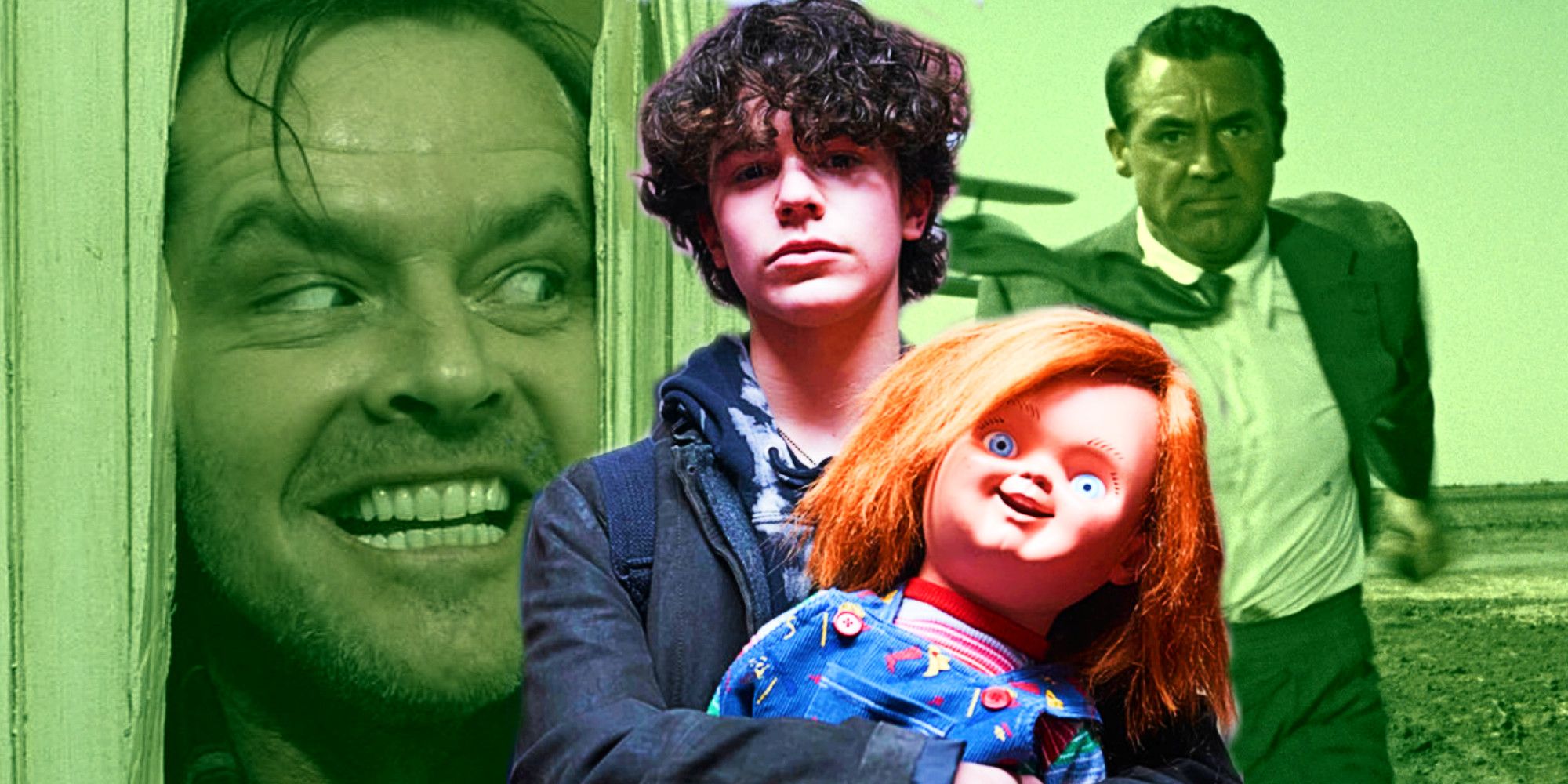 Brad Dourif as Chucky and Zackary Arthur as Jake Wheeler in Chucky, Jack Nicholson as Jack Torrance in The Shining, and Cary Grant as Roger Thornhill in North by Northwest