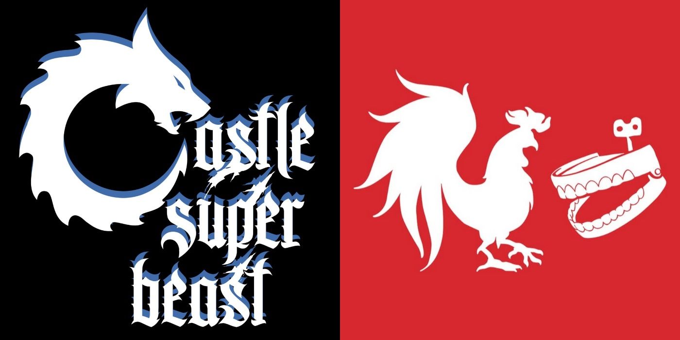 Split image of Castle Super Beast and the classic Rooster Teeth logos