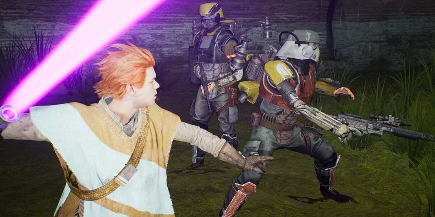 Cal wielding a purple lightsaber against a Commando and Bounty Hunter in Jedi: Fallen Order