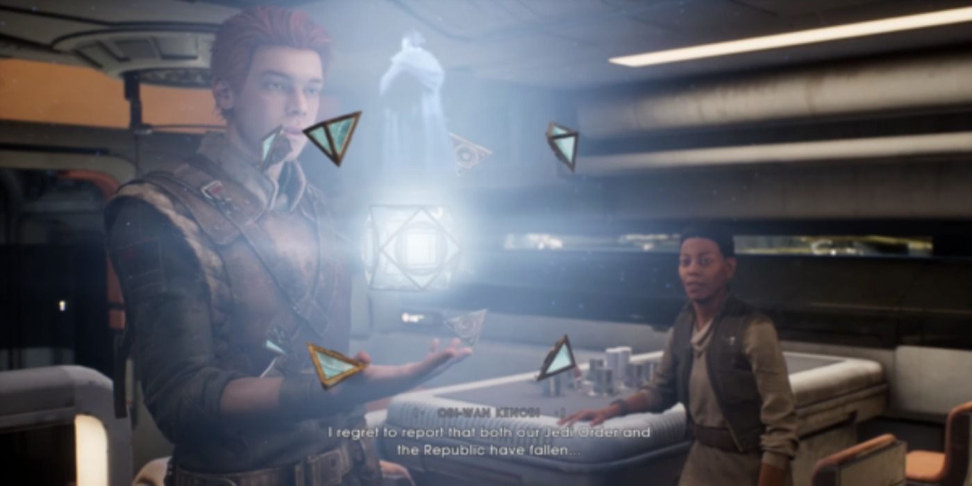 Cal Kestis and Cere watch a holocron message from Obi-Wan Kenobi in Jedi Fallen Order