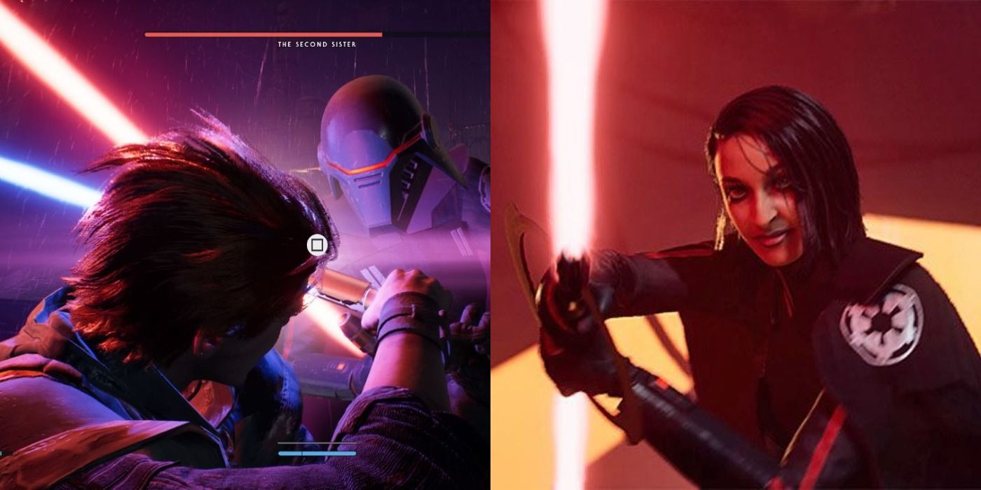 Split image of Cal and Trilla clashing saber and Trilla unmasked in Jedi: Fallen Order