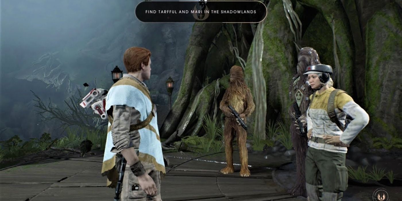 Cal speaks with Tarfful and Mari on Kashyyyk in Jedi Fallen Order