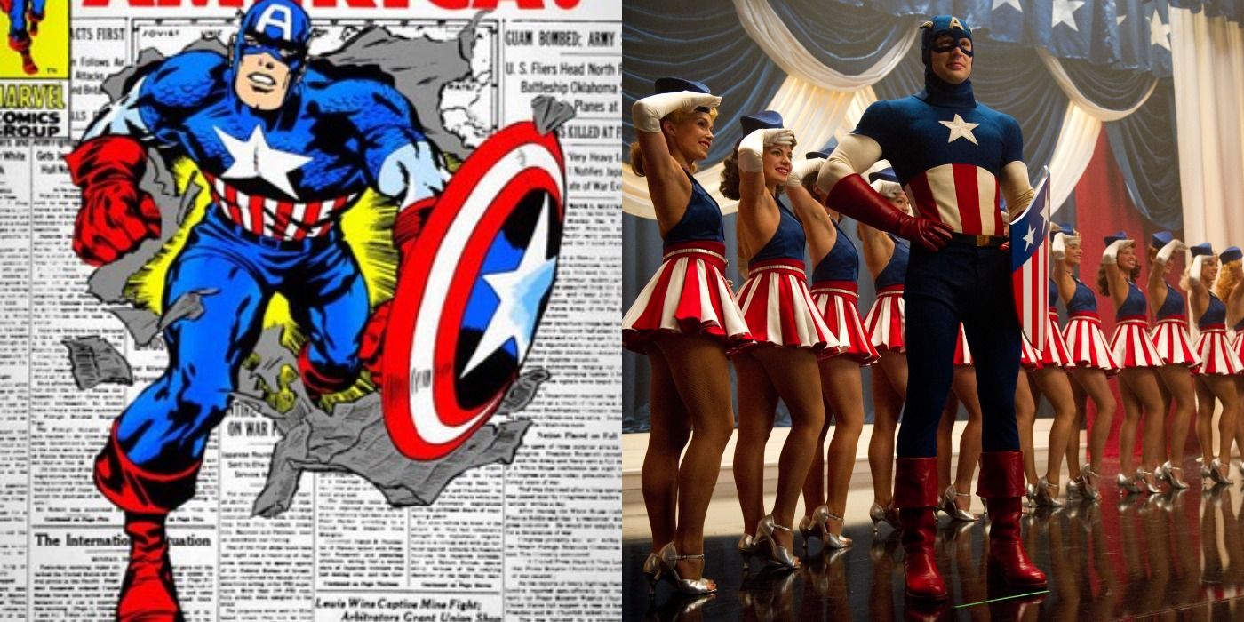 Split image showing Captain America on the comic and on stage in the first movie