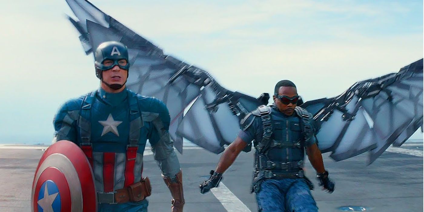 Captain America and Falcon walking into battle.