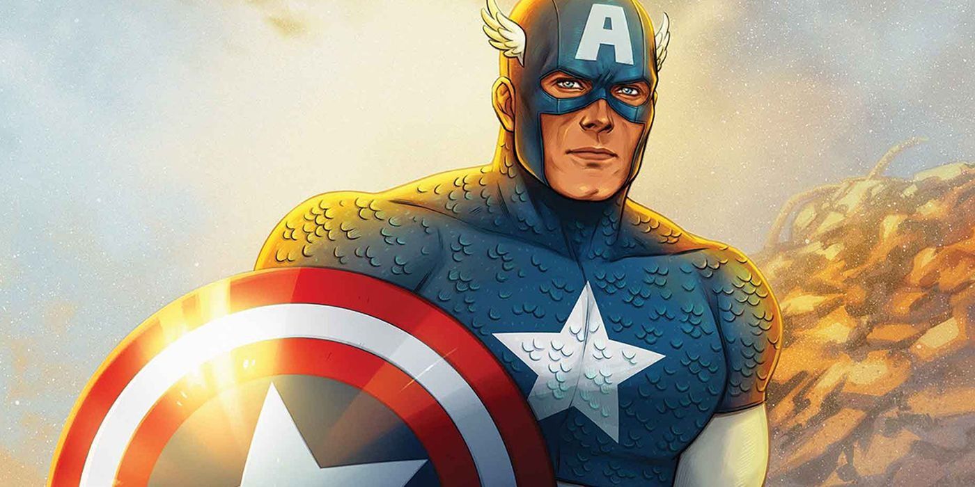 Captain America in costume standing in the sunlight with his shield in Marvel Comics.