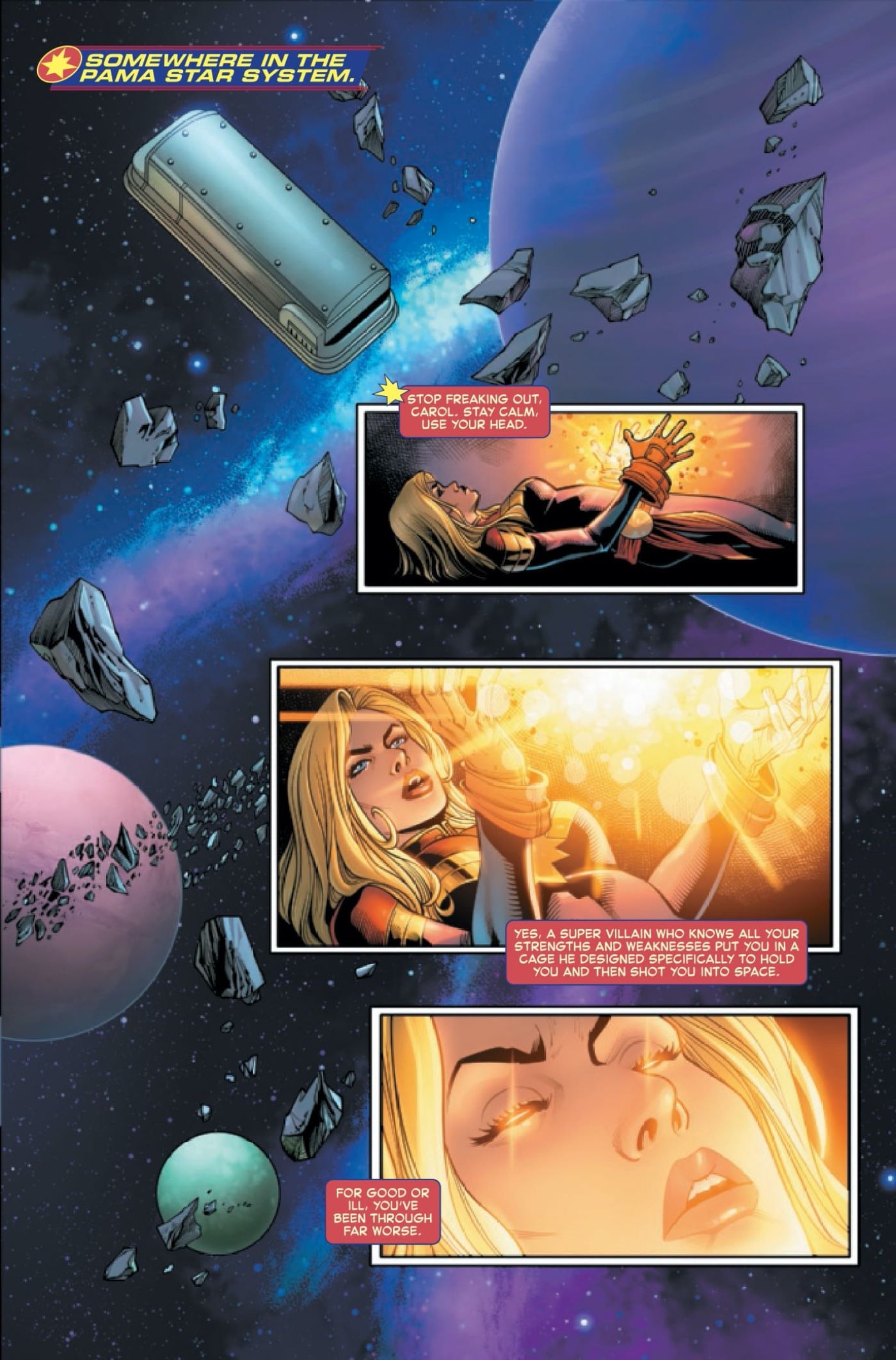 Captain Marvel 34 preview page, showing Carol floating through space in a cage