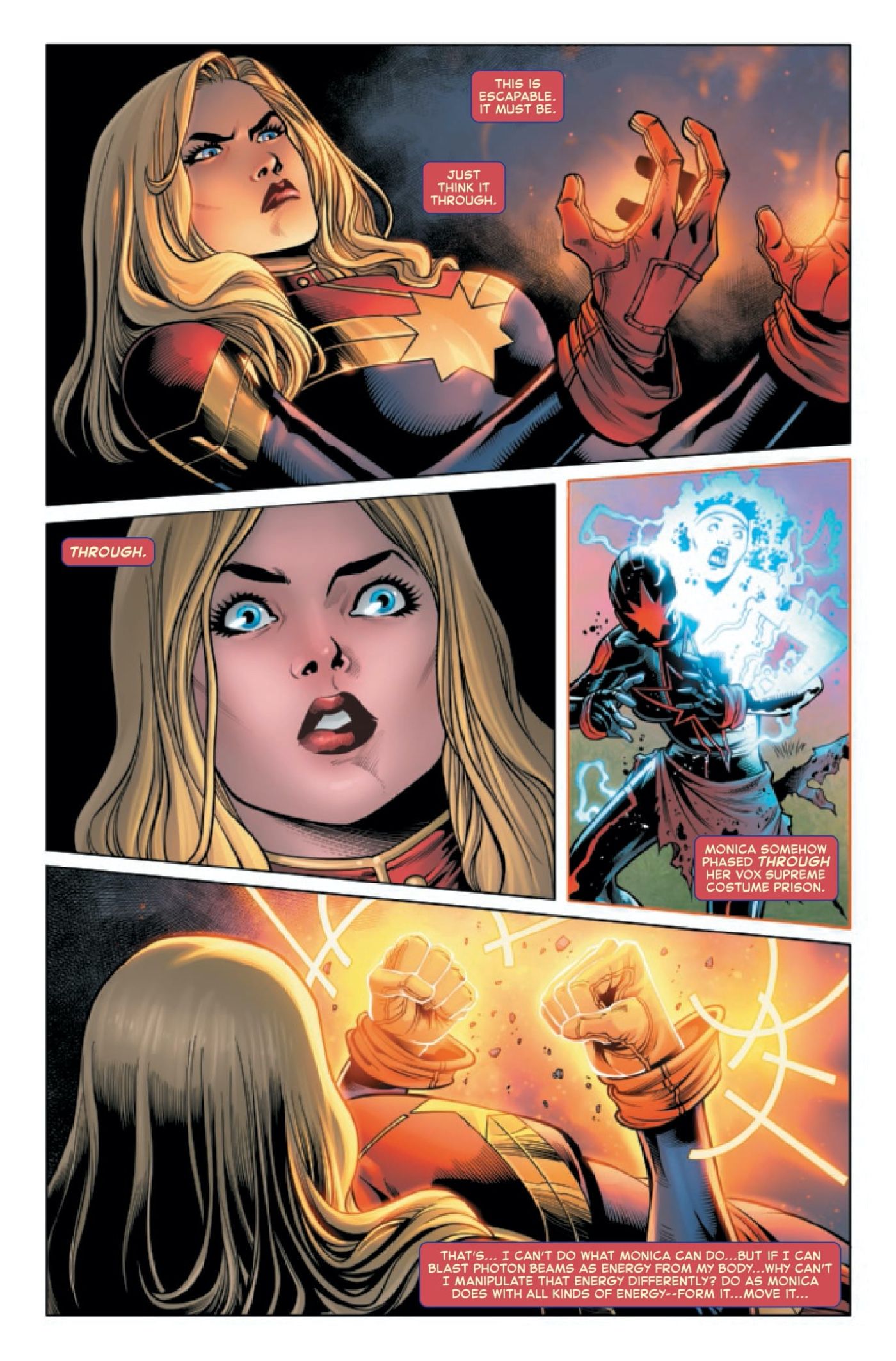Captain Marvel 34 preview page, showing Carol Danvers trying to escape her prison
