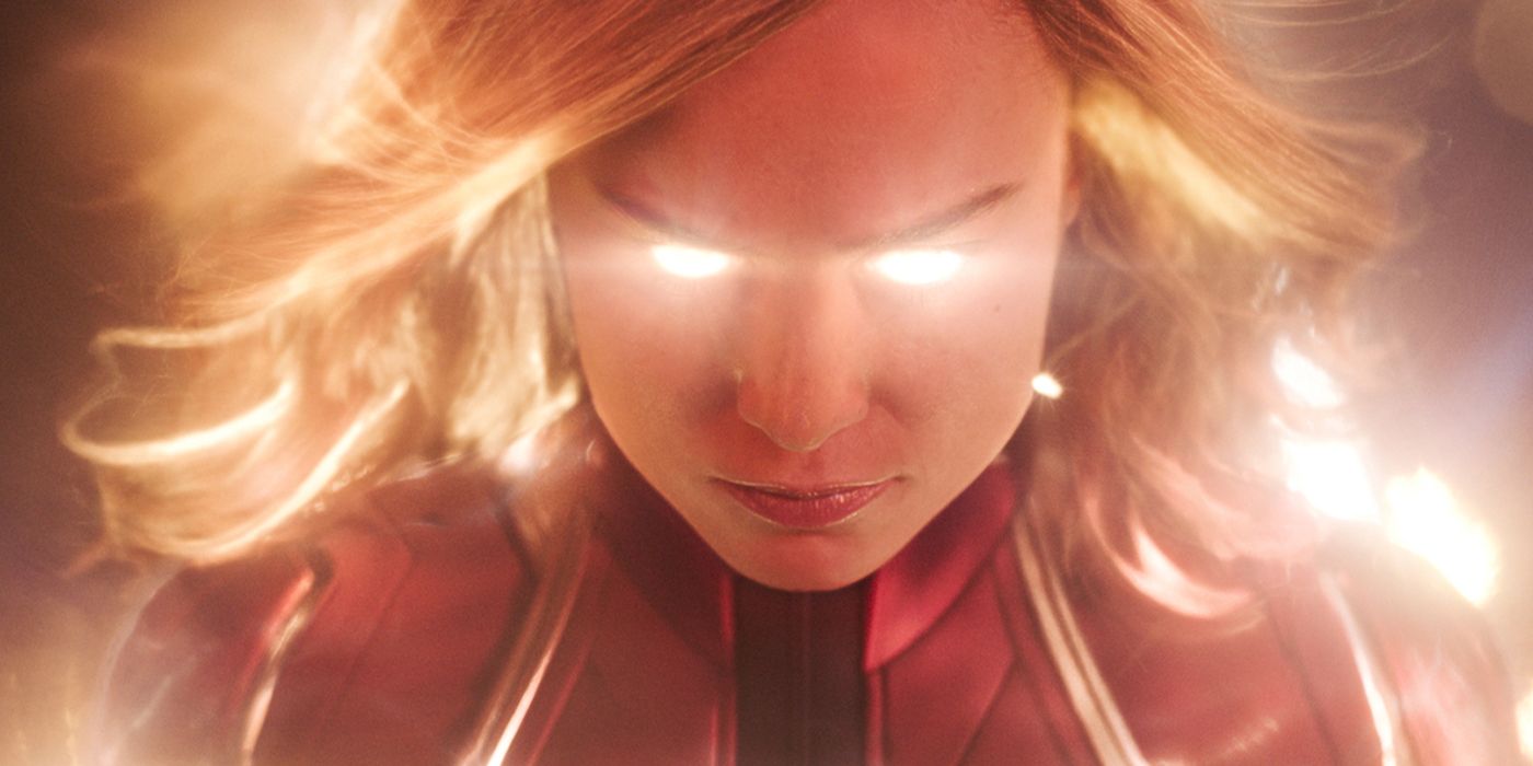 Captain Marvel with glowing eyes in space