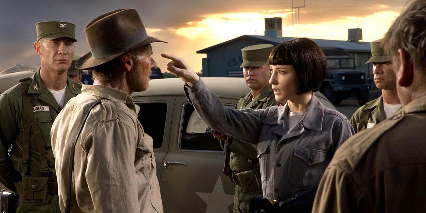 Cate Blanchett pointing at Harrison Ford on Indiana Jones and the Kingdom of the Crystal Skull