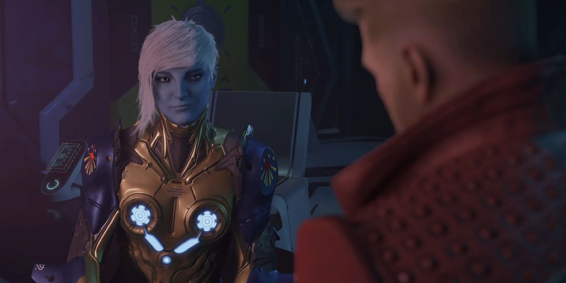 Centurion Ko-Rel speaking with Star-Lord in her office in Marvel's Guardians Of The Galaxy