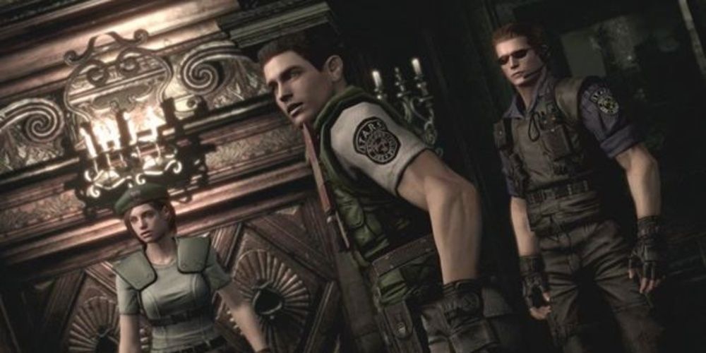 Chris, Jill, and Wesker stand in a mansion in Resident Evil 2002