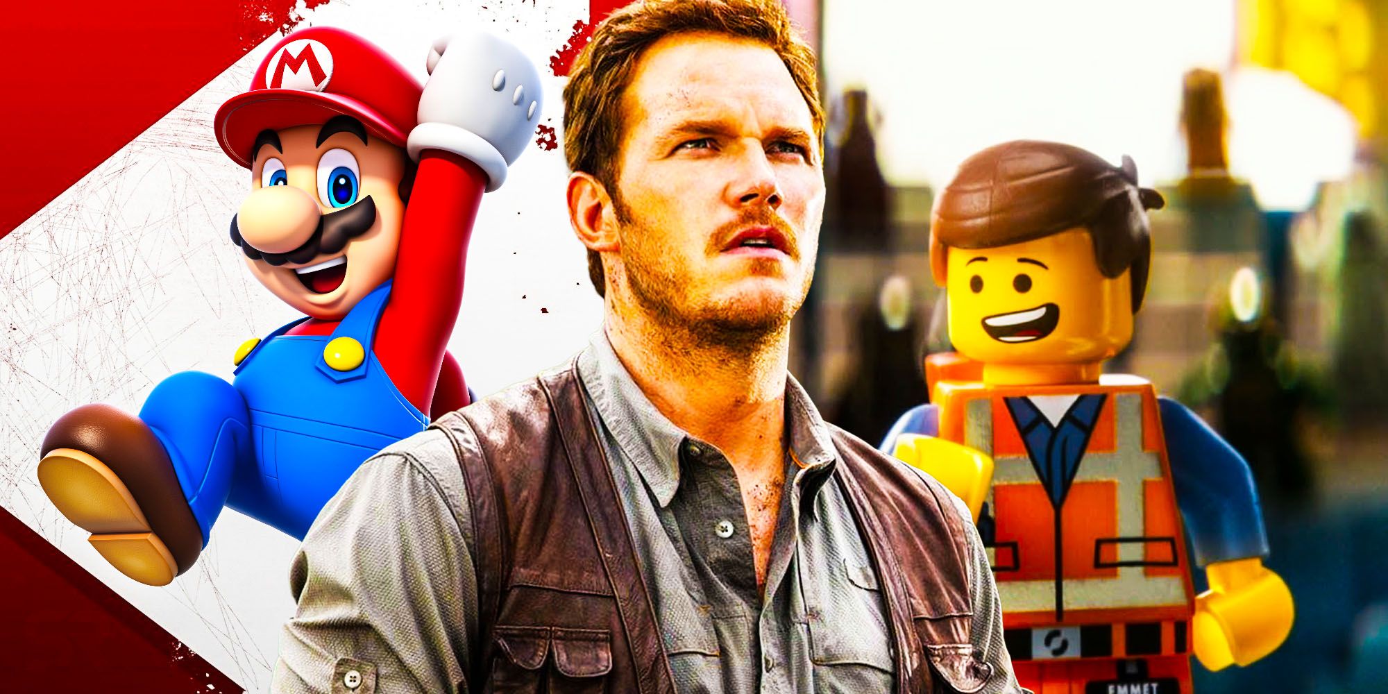Superimposed imeages of Mario, Chris Pratt in Jurassic World, &amp; The Lego Movie.