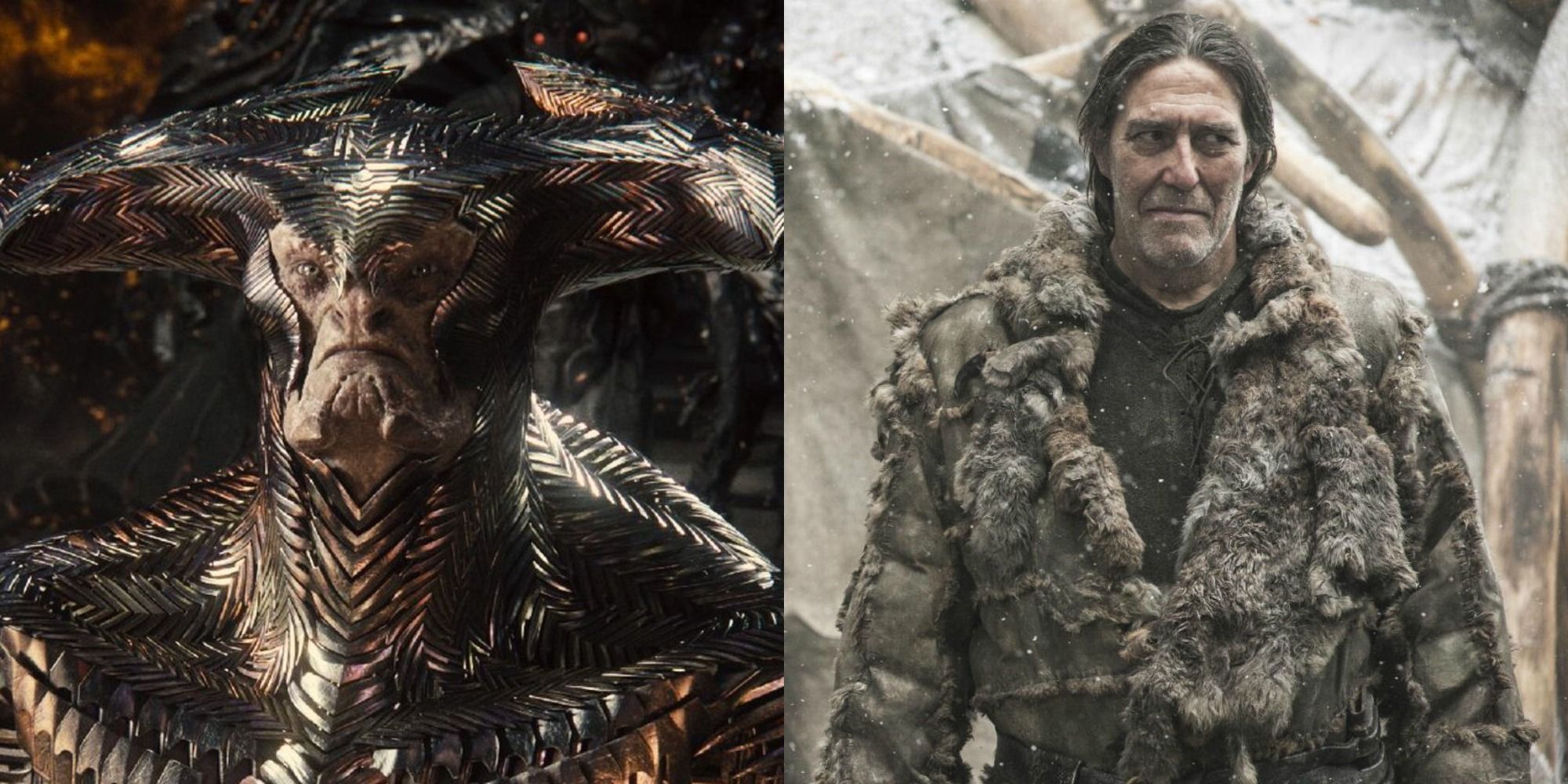 Split image showing Steppenwolf in ZSJL and Mance Rayder in GOT