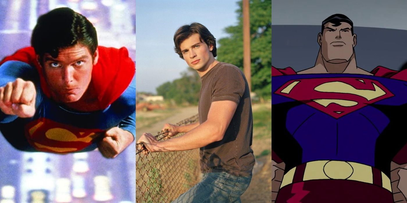 Split image of Clark Kent in Superman The Movie, Smallville and Justice League Unlimited