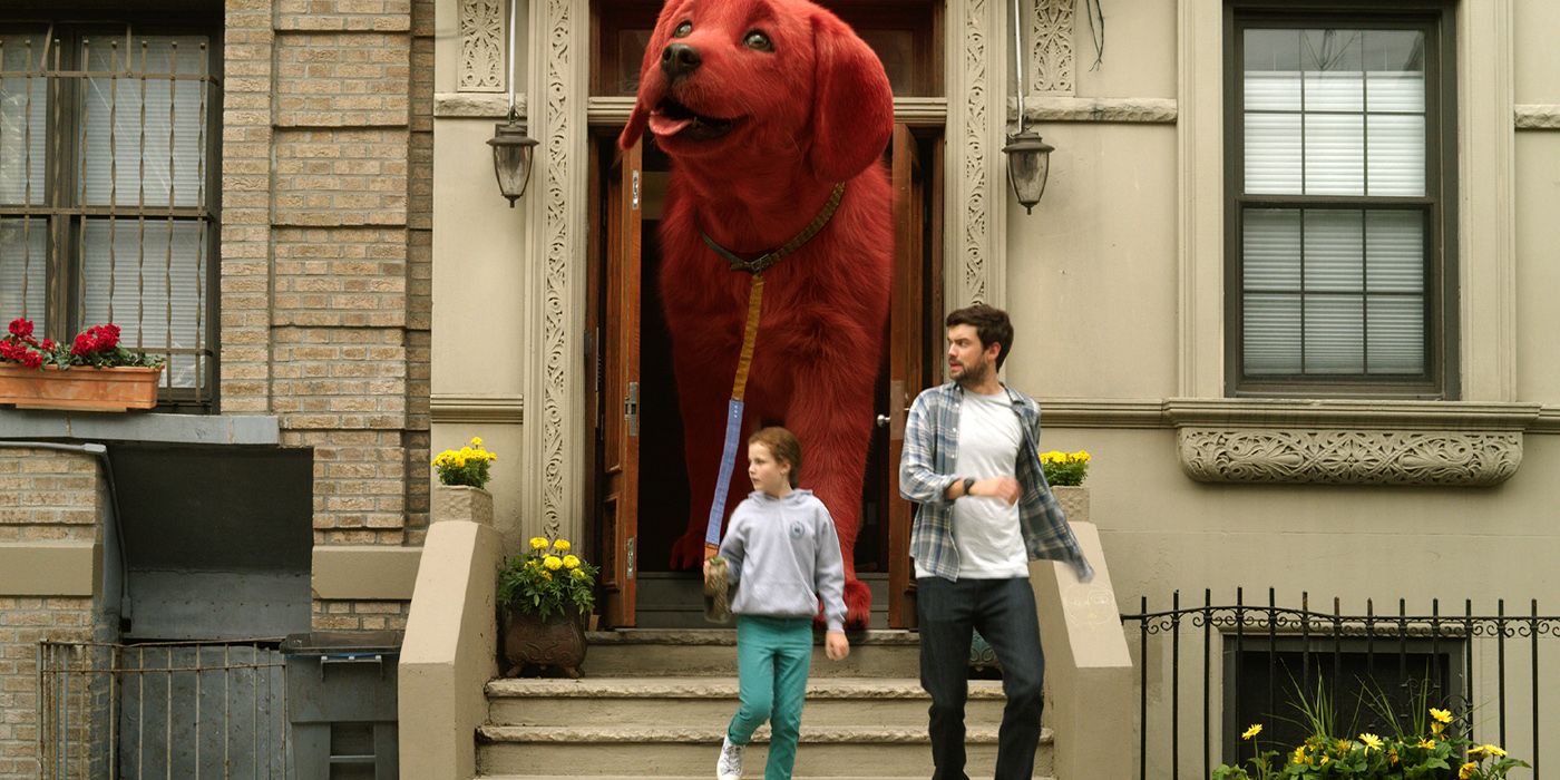 Clifford The Big Red Dog coming out of a building