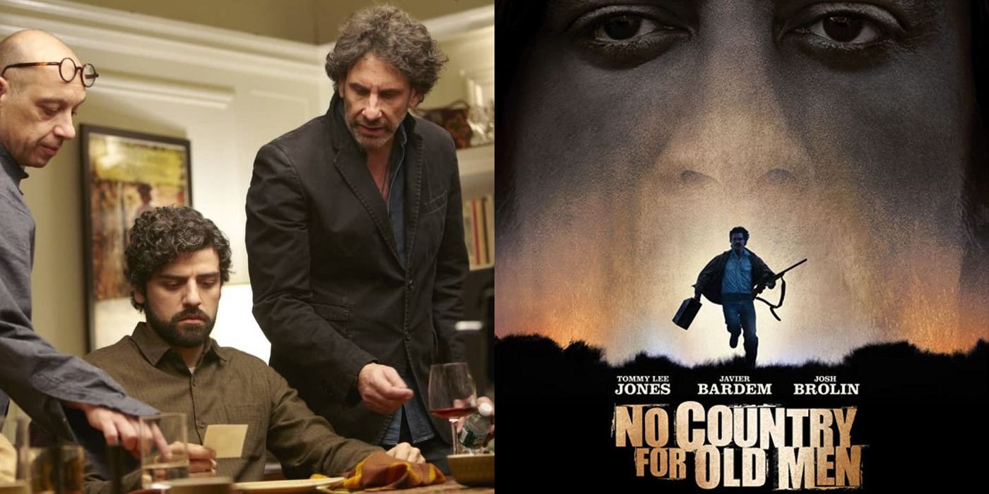Split image of the Coen brothers on set with Oscar Isaac and the poster for No Country for Old Men, featuring Josh Brolin and Javier Bardem
