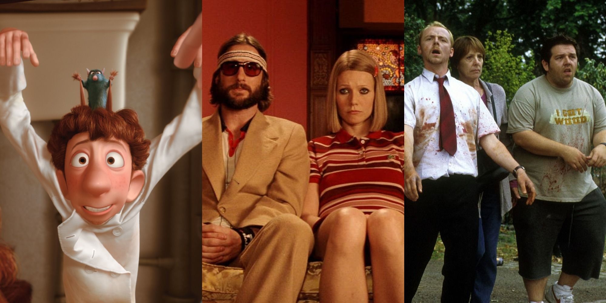 Split image of Remy controlling Linguini, Richie and Margot Tenenbaum, and Shaun with his friends acting like zombies