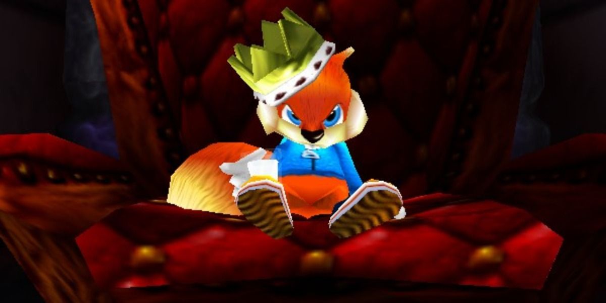 Conker scowls as he sits upon his newly earned throne in Conker's Bad Fur Day.