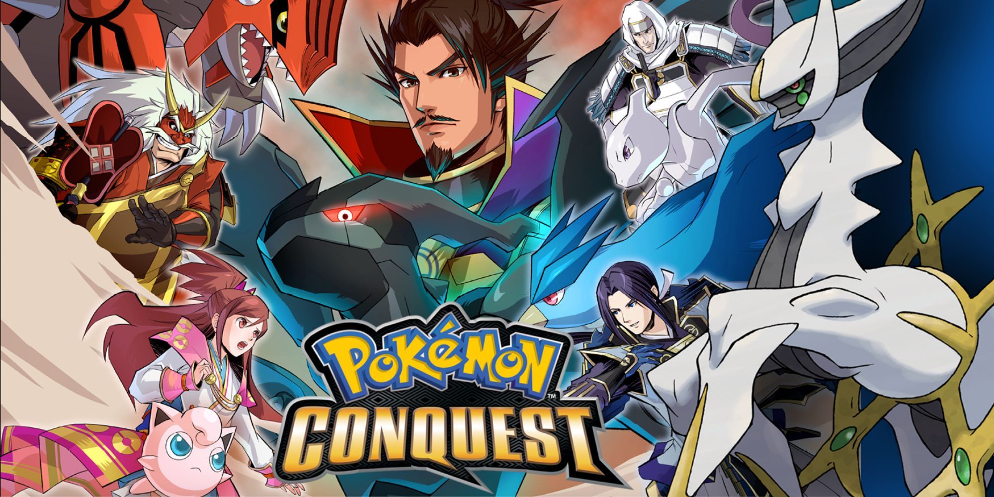 Cover artwork for Pokemon Conquest featuring various warriors posing.