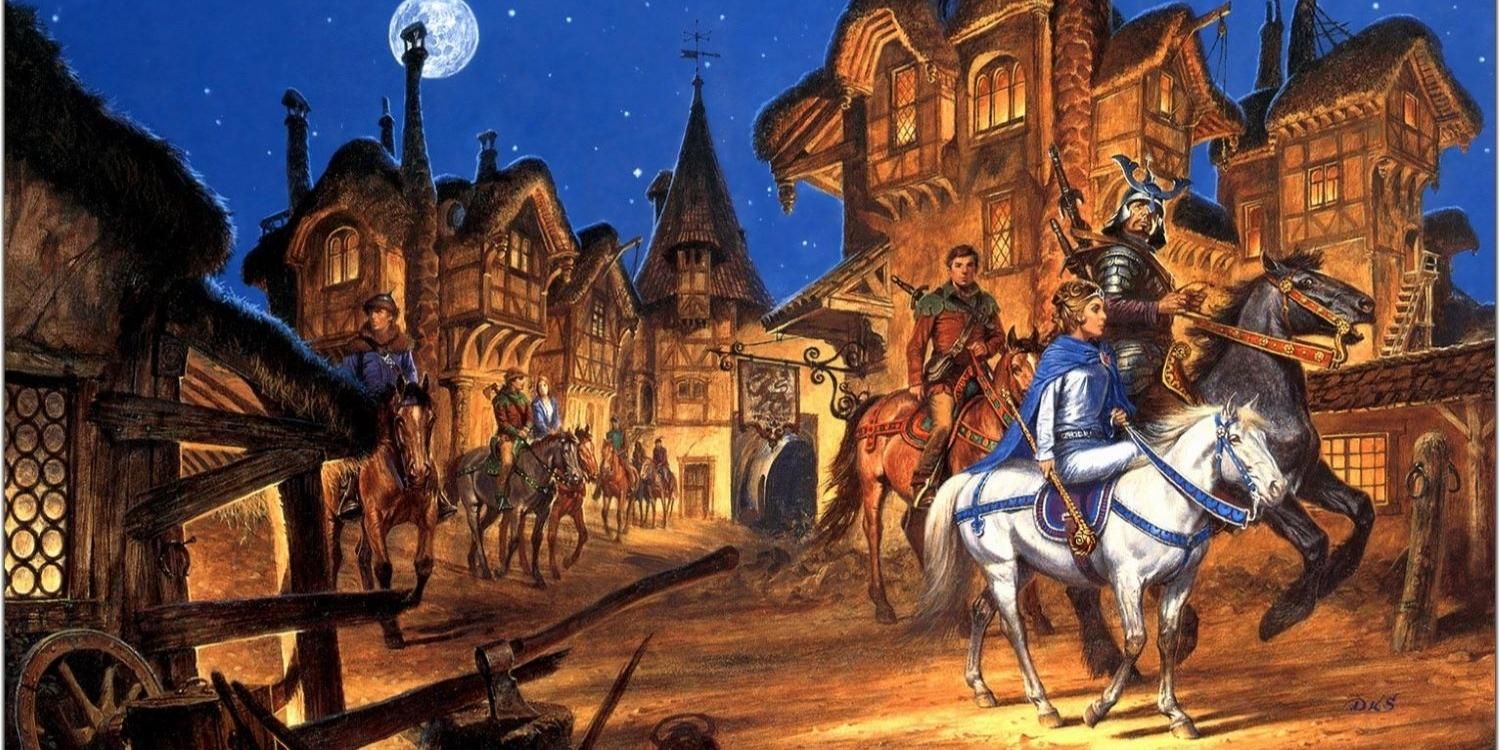 Cover of the first book of The Wheel of Time with multiple people on horseback riding through a village