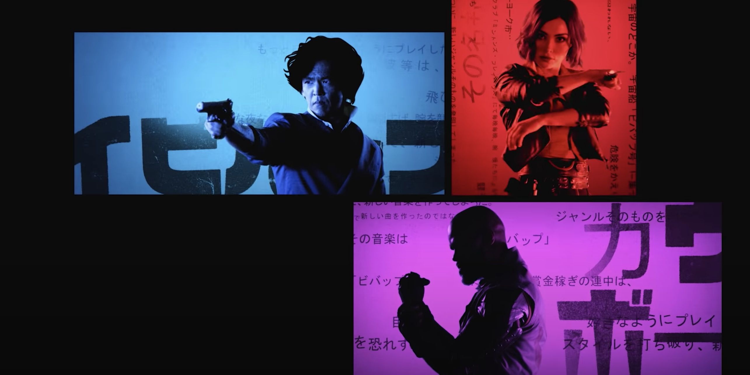 The characters pose in the opening credits for the live action Cowboy Bebop