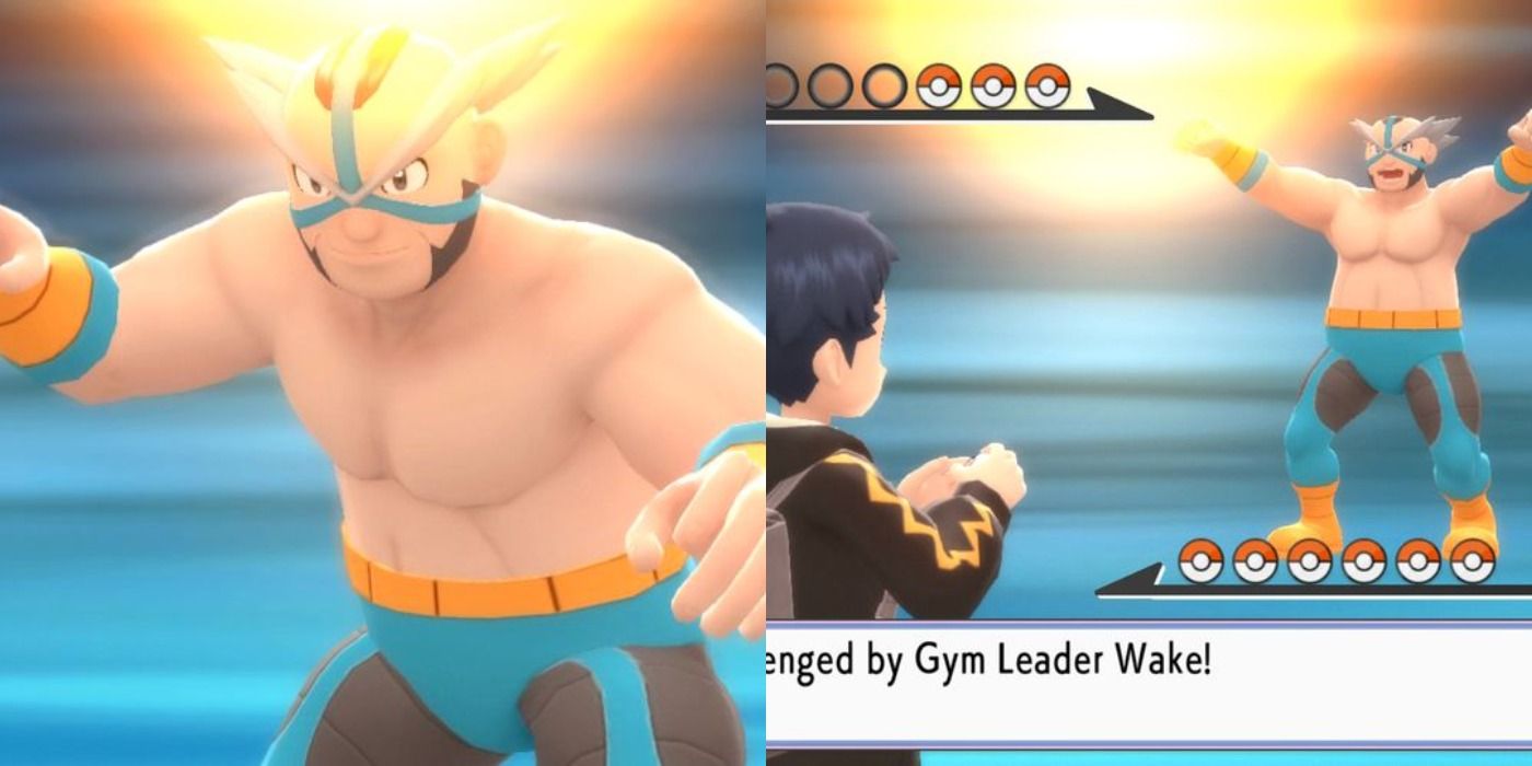 Split image of Crasher Wake taking on the player in Pokemon BDSP