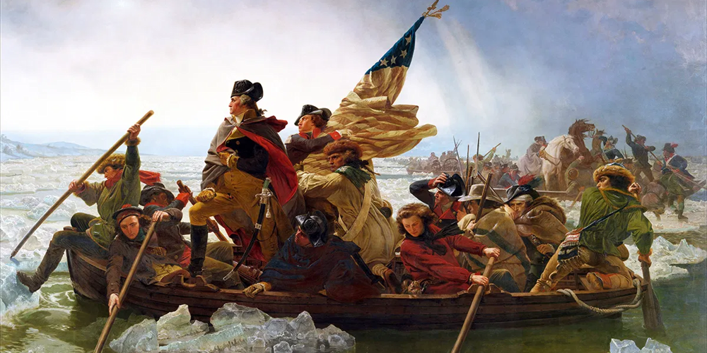George Washington crosses the Delaware River in Leutze's painting, &quot;Washington Crossing the Delaware&quot;