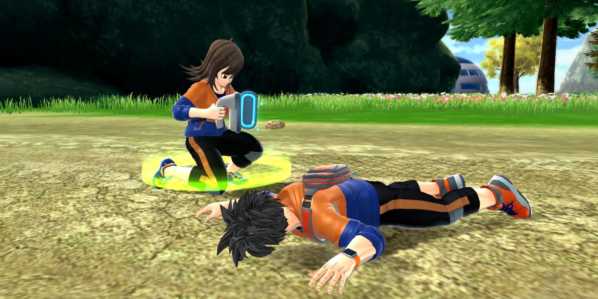 A Survivor reviving a downed teammate in Dragon Ball: The Breakers.
