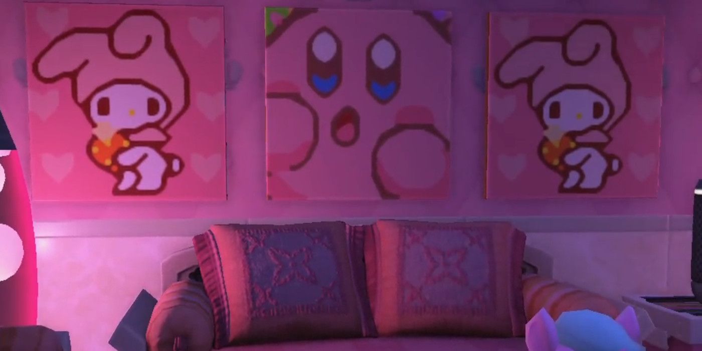 Pink Gaming Room with Kirby Wallpaper in Animal Crossing