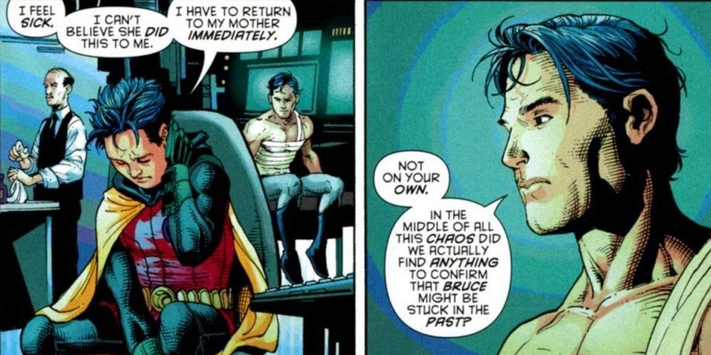 Damian complains about his mother to Alfred and Dick