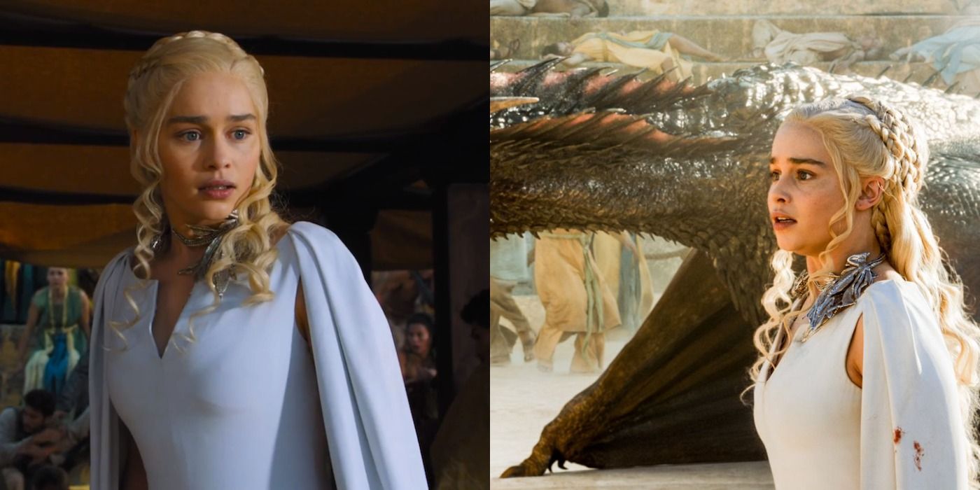 Split image of Daenerys looking shocked at the fighting pits and being protected by Drogon against the Sons of the Harpy