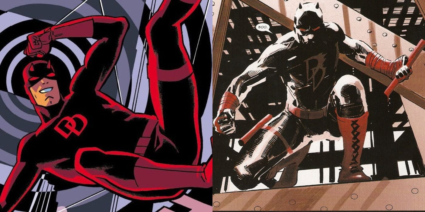 Split image of Chris Samnee's Daredevil swinging with his billy clubs and Ron Garney's Daredevil in the black suit